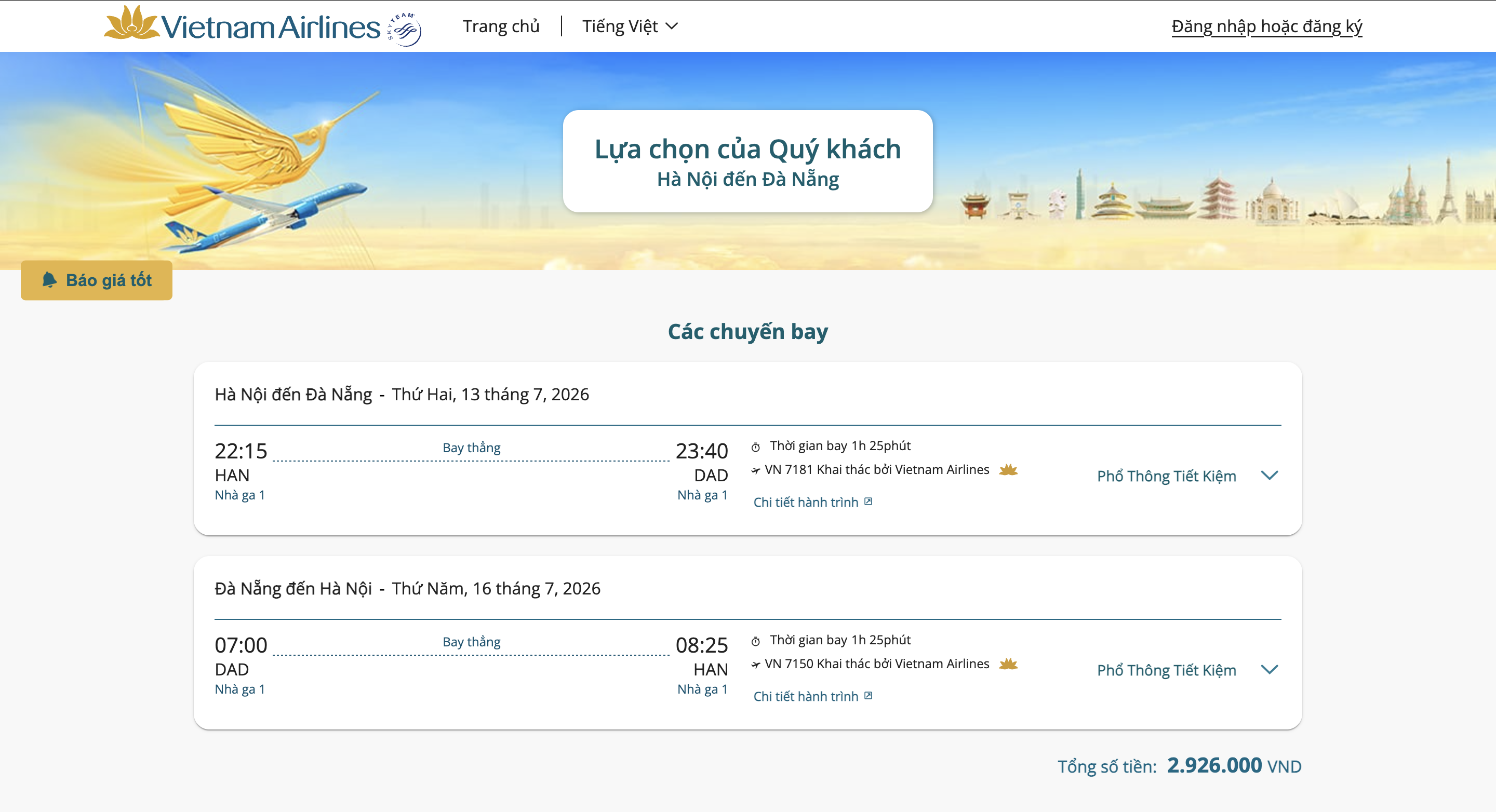 Giá vé máy bay khứ hồi chặng Hà Nội - Đà Nẵng trong tháng 7 đang được Vietnam Airlines mở bán chỉ từ 2,9 triệu đồng